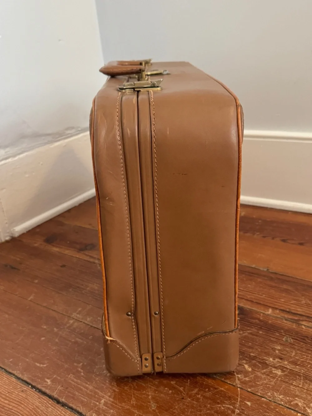 Vintage 60's Brooks Brothers Tan Leather Fabric Suitcase Luggage Combination